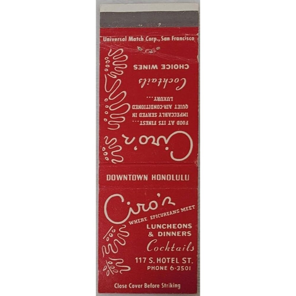 Vintage Front Strike Matchbook Cover Ciro's Restaurant Honolulu HI Hawaii